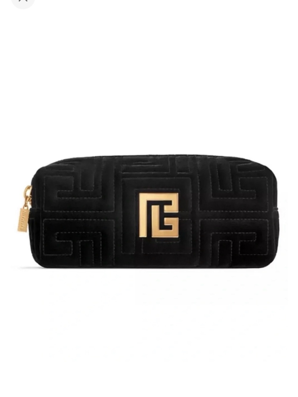 Balmain Black Quilted Velvet Cosmetic Case with Gold Emblem